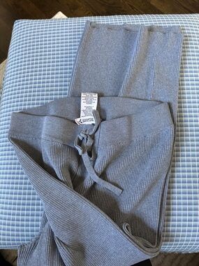 Straight Leg Ribbed Drawstring Leggings - Gray